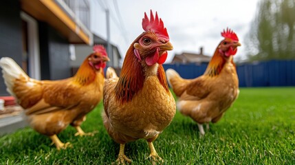 Fototapeta premium Three happy hens freely roam a sunny backyard, enjoying a playful mood in a vibrant green grass setting on a bright day showcasing their healthy plumage.