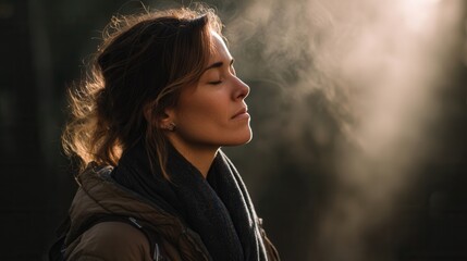 Peaceful woman enjoying sunlight in misty outdoor setting