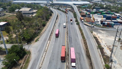 Top View of container with trucks at logistic center stock