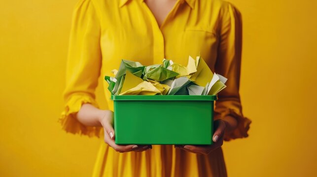 Cropped view of eco-friendly woman holding green recycling box with paper waste - Powered by Adobe