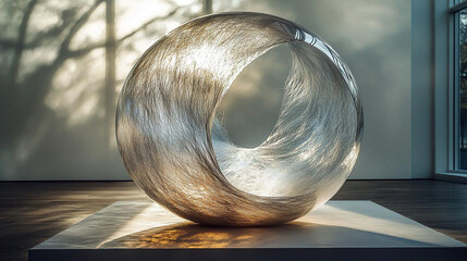 Hovering sphere of woven feathers and microfilaments, softly shimmering in morning light