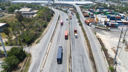 Top View of container with trucks at logistic center stock