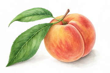 Fresh peach with green leaf isolated on white background. A ripe peach with a fresh green leaf, isolated on a white background, ideal for food, fruit, and healthy eating content