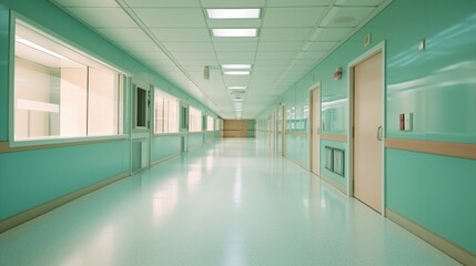 Obraz premium Bright and Clean Hospital Corridor with Light Green Walls and Floors