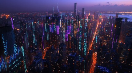 Fototapeta premium Aerial view of a vibrant cityscape at dusk, showcasing illuminated skyscrapers and bustling streets