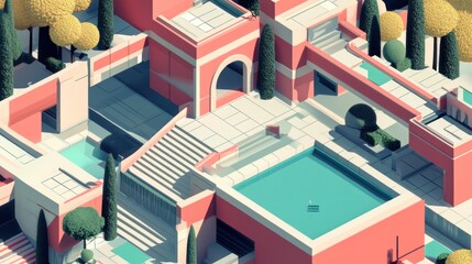 Fototapeta premium Colorful isometric architectural design, urban oasis
