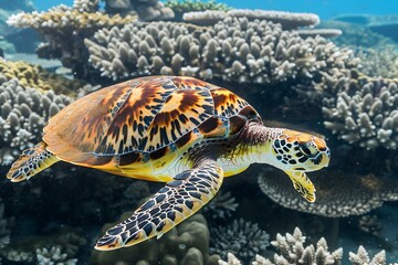 Obraz premium A hawksbill sea turtle gliding over bleached coral reefs, its beautiful shell patterned in amber and gold, critically endangered due to