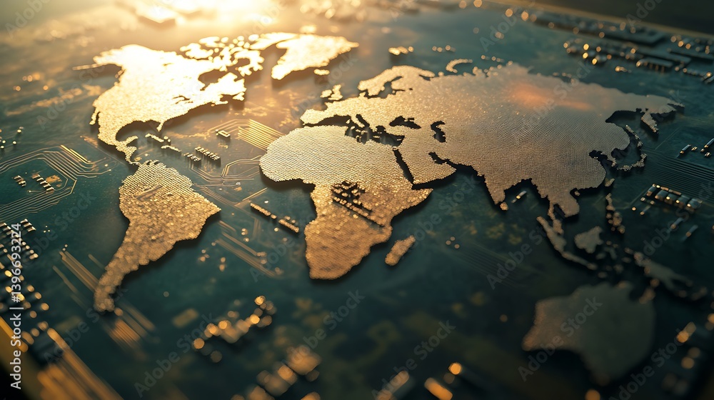 Poster detailed close-up of a metallic world map on a circuit board, symbolizing technology and connectivit