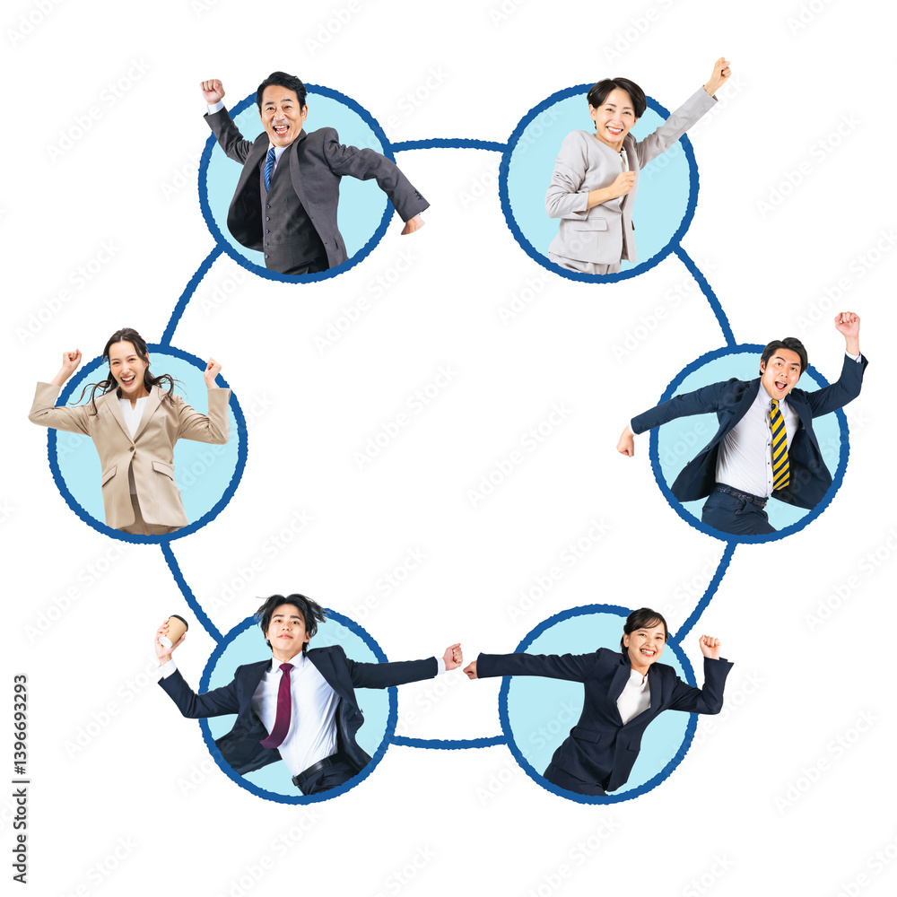 Aufkleber 実写アイコンを使った幅広い世代のビジネスパーソンのネットワーク図　切り抜き背景透過png