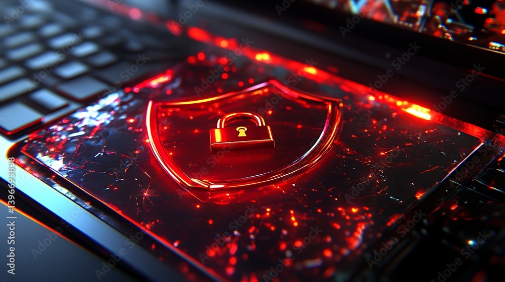 Poster digital security concept featuring a glowing shield and padlock on a laptop keyboard, symbolizing pr