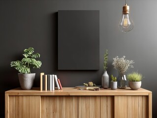 This artwork portrays a minimalistic office setup A blank, black canvas takes center stage on a dark gray wall, creating a focal point of simplicity Below the canvas, a wooden cabinet serves as a