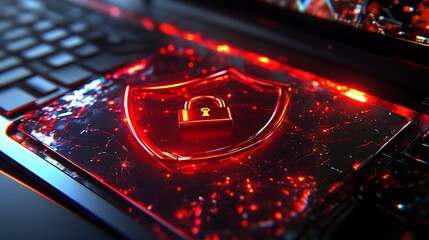 Obraz premium Digital security concept featuring a glowing shield and padlock on a laptop keyboard, symbolizing protection