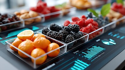 The sleek display showcases a blend of culinary delights and sophisticated data analytics, featuring fresh fruits alongside charts, graphs, and numerical insights The juxtaposition creates an