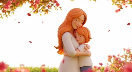 3D Render Mother and daughter with red hair embrace in a floral, sunlit scene