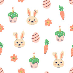 Happy Easter seamless pattern with rabbit and carrot on white background. Happy Easter hand drawn card. Flat illustration with partial outline. Vector illustration.