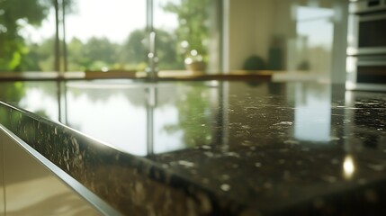 Modern kitchen interior with a polished granite countertop, sunlight streaming through large windows