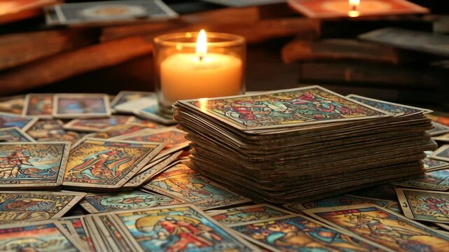 Mystical tarot card reading setup with deck and burning candle provides an enigmatic and spiritual atmosphere for divination
