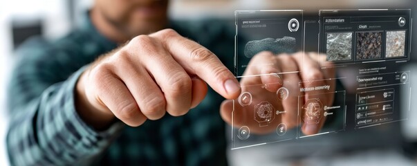 The image displays an AI-driven cybersecurity interface designed to detect and analyze digital threats in real-time It showcases a man interacting with a transparent, futuristic display that