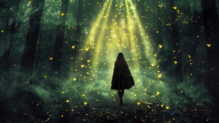 Enchanted forest exploration with mystical atmosphere, person in awe of nature, magical elements like glowing flower or hidden creature, sense of adventure and discovery in deep woods.