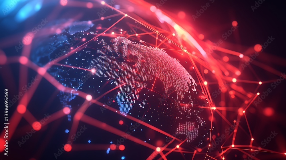 Poster abstract representation of a digital globe illuminated by network connections, symbolizing global co
