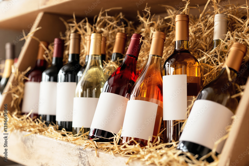 Poster assortment of wine bottles with blank labels placed on straw in a wooden shelf background, showcasin