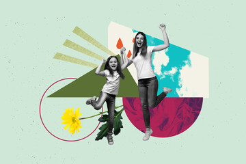 Template art collage of people with flowers picture on green background