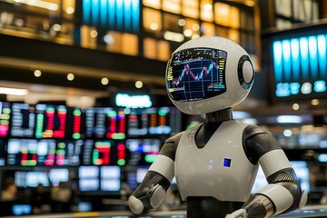 Futuristic AI-powered trading bot analyzing stock market trends in a trading floor environment, utilizing digital data visualizations for insights