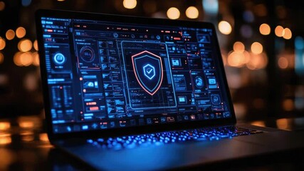 A vibrant cybersecurity interface glows on a laptop screen in a dimly lit workspace, highlighting various data points and security features amidst a stylish background