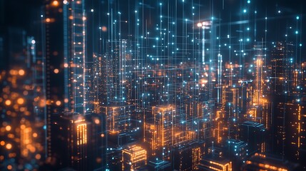 Futuristic city skyline illuminated by vibrant lights and digital data streams at night