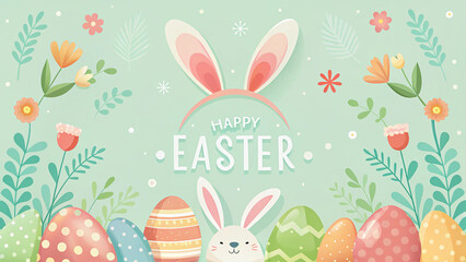 HAPPY EASTER text with bunny ears, a rabbit face, and pastel-colored eggs on a light teal background.

