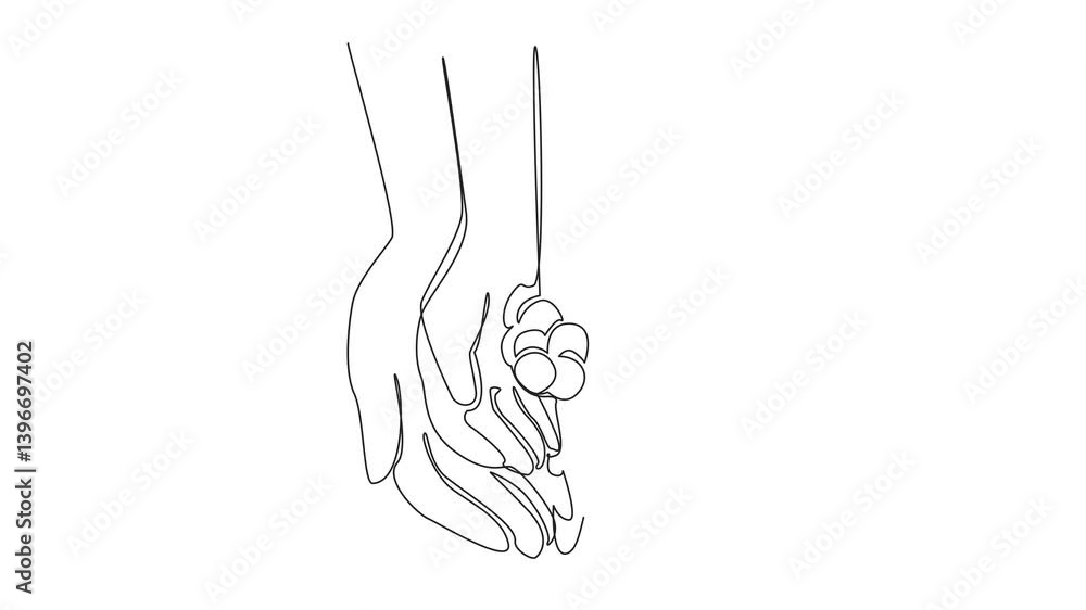 Poster animated self drawing of continuous line drawing put a coin in the palm of the hand. financial readi