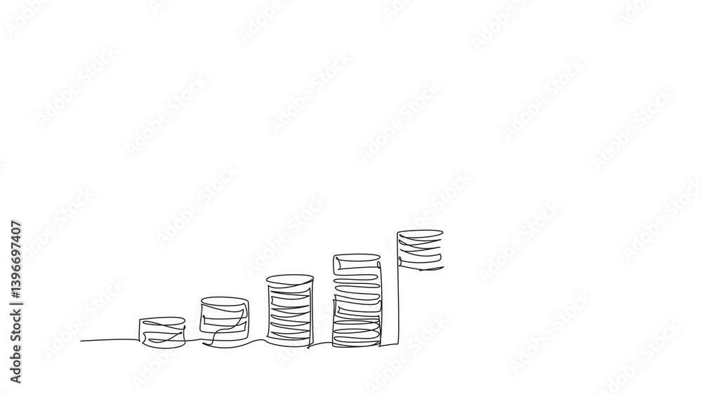 Poster self drawing animation of single continuous line drawing 5 different stacks of coins. shaped like ba