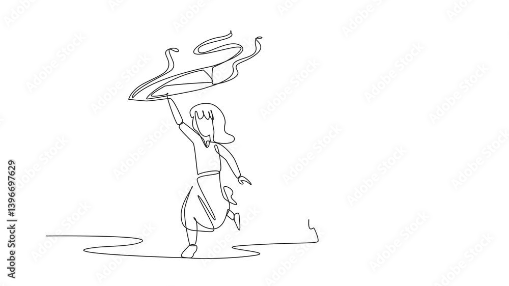 Poster animation of single continuous line drawing a boy and a girl run while holding a kite. flying a kite