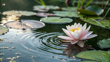 "Peaceful lotus flower floating in pond water, captured in natural light with soft ripples and green lily pads"