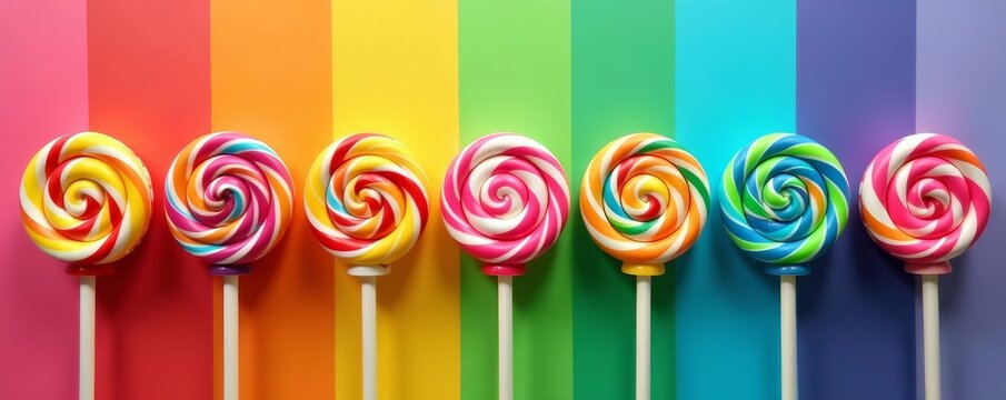 Assortment of colorful lollipops on a rainbow background, dessert, assortment, bright