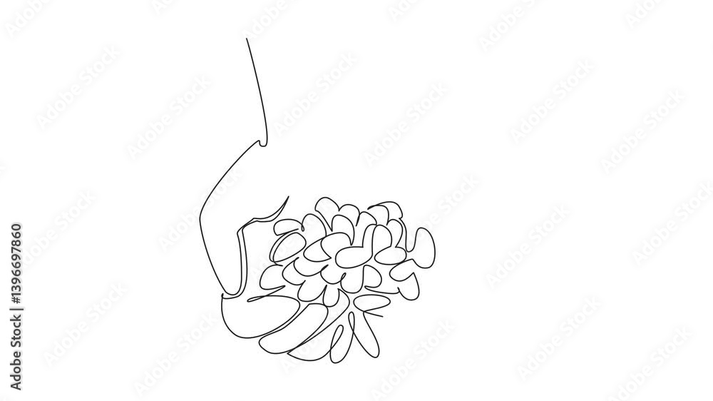 Poster animated self drawing of continuous line drawing hand holding a pile of colorful jelly beans. prepar