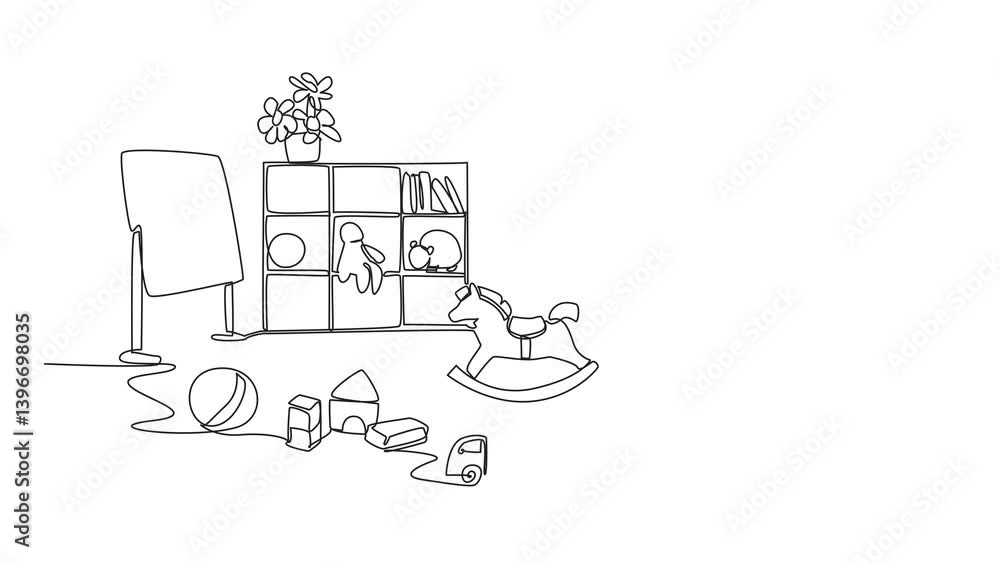 Poster animated self drawing of continuous line drawing kindergarten classroom. equipped with various learn