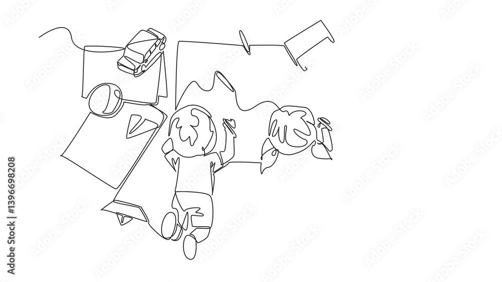 Poster self drawing animation of single continuous line drawing boy and girl are lying face down and both a