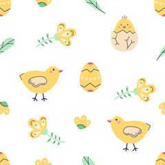 Happy Easter seamless pattern with chicken, flowers and painted eggs on white background. Happy Easter hand drawn card. Flat illustration with partial outline. Vector illustration.