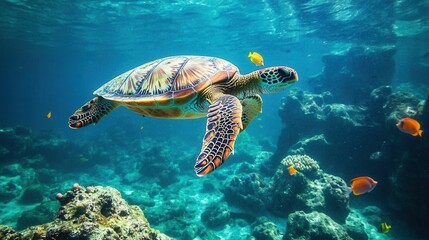 A majestic sea turtle gracefully glides through vibrant blue waters, surrounded by colorful reef fish and coral