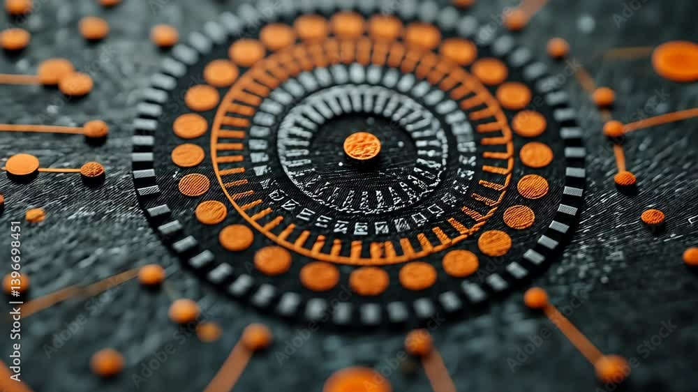 Poster complex abstract circular pattern with interconnected dots in orange and gray, conveying technology,