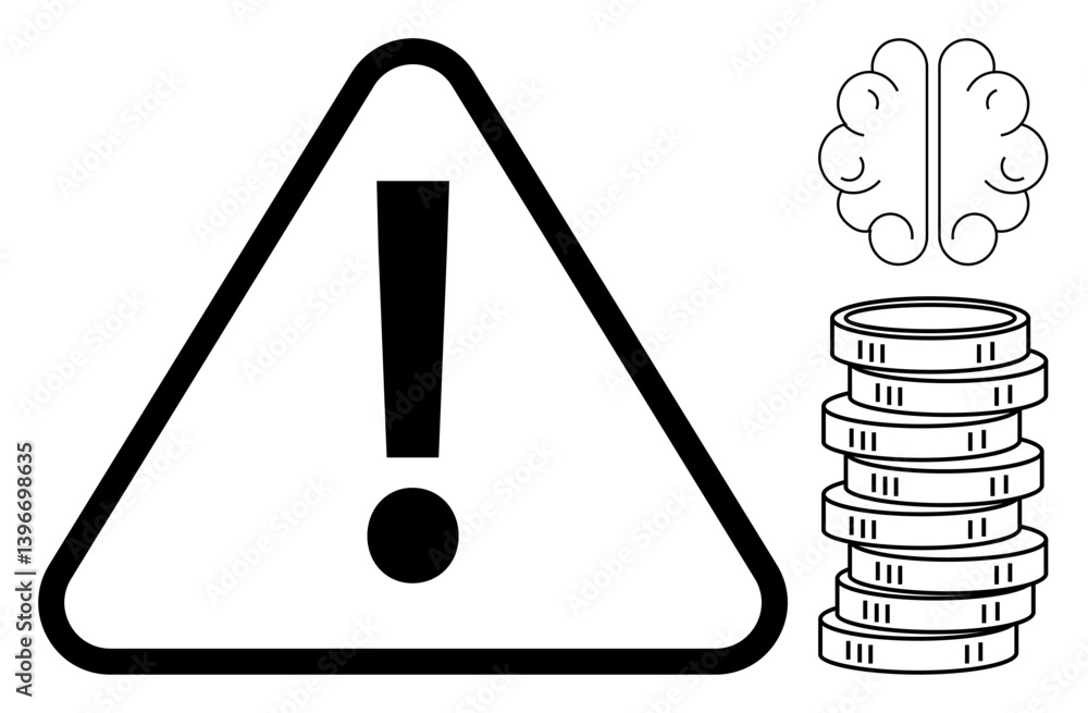Poster exclamation mark inside triangle conveys warning brain outline and coin stacks suggest financial and