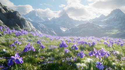 mountain, flowers, flower, landscape, nature, mountains, summer, meadow, sky, spring, grass, field, alps, green, alpine, purple, pink, travel, snow, flora, beautiful, bloom, plant, view, clouds