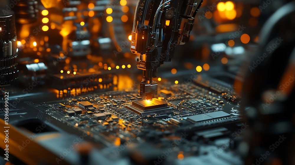 Poster advanced robotic arm assembling microchips on a circuit board in a high-tech manufacturing facility