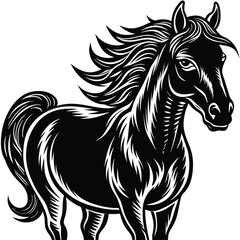 The black horse stallion silhouette vector illustration shows a running equine animal