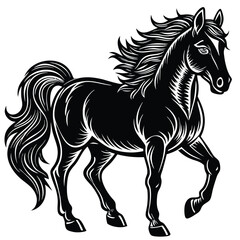 The black horse stallion silhouette vector illustration shows a running equine animal