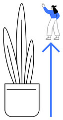 Woman wearing casual outfit gestures upward near a potted plant and a directional arrow. Ideal for growth, progress, achievement, motivation, sustainability, ecology, upward trajectory, flat simple
