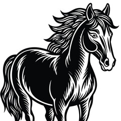 The black horse stallion silhouette vector illustration shows a running equine animal