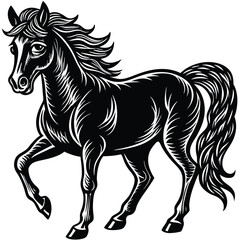 The black horse stallion silhouette vector illustration shows a running equine animal