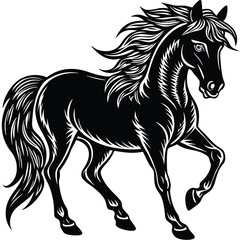 The black horse stallion silhouette vector illustration shows a running equine animal